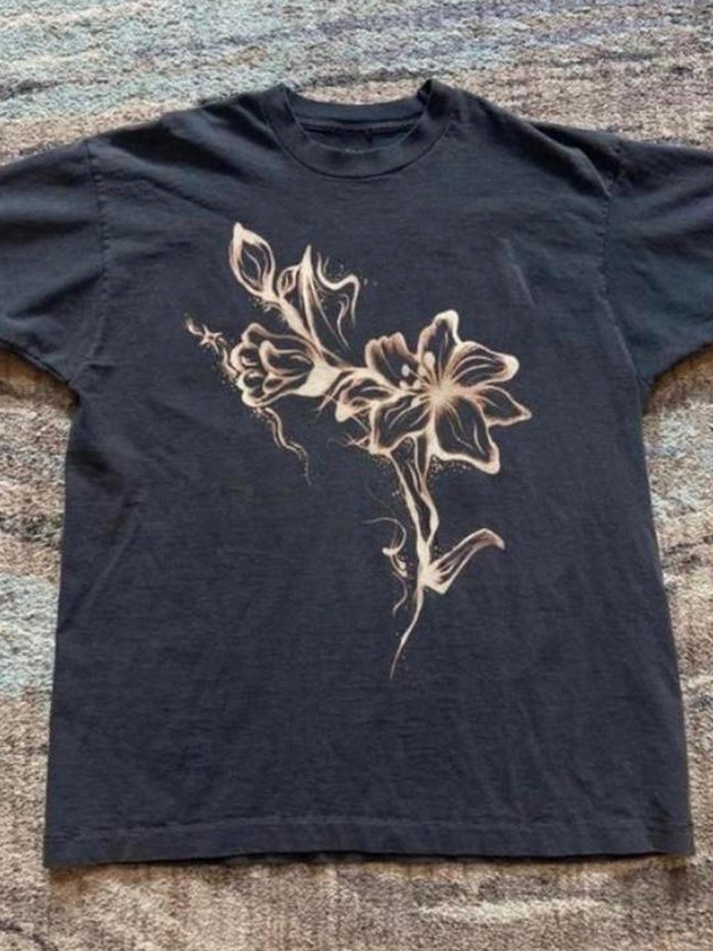 Gildan Black Tee with Cream Floral Graphic